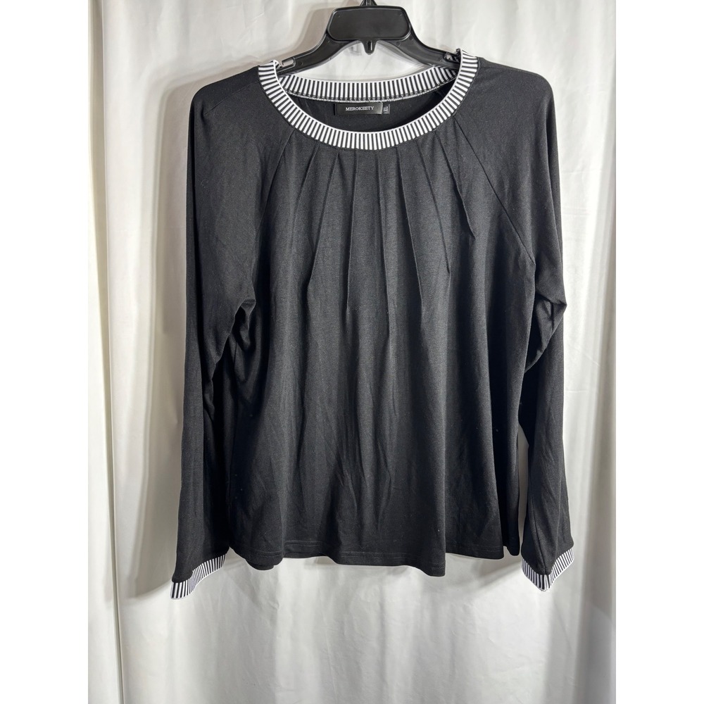 MEROKEETY Womens Black‎ Long Sleeve Pleated Neckline Striped Trim Tunic Top XL